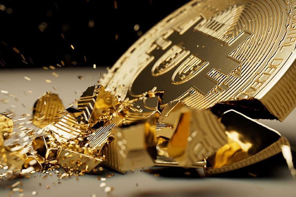 A gold coin is being shattered by a shard of glass, creating a captivating moment that perfectly encapsulates the intersection of traditional wealth with the disruptive power of technology and cryptocurrencies.