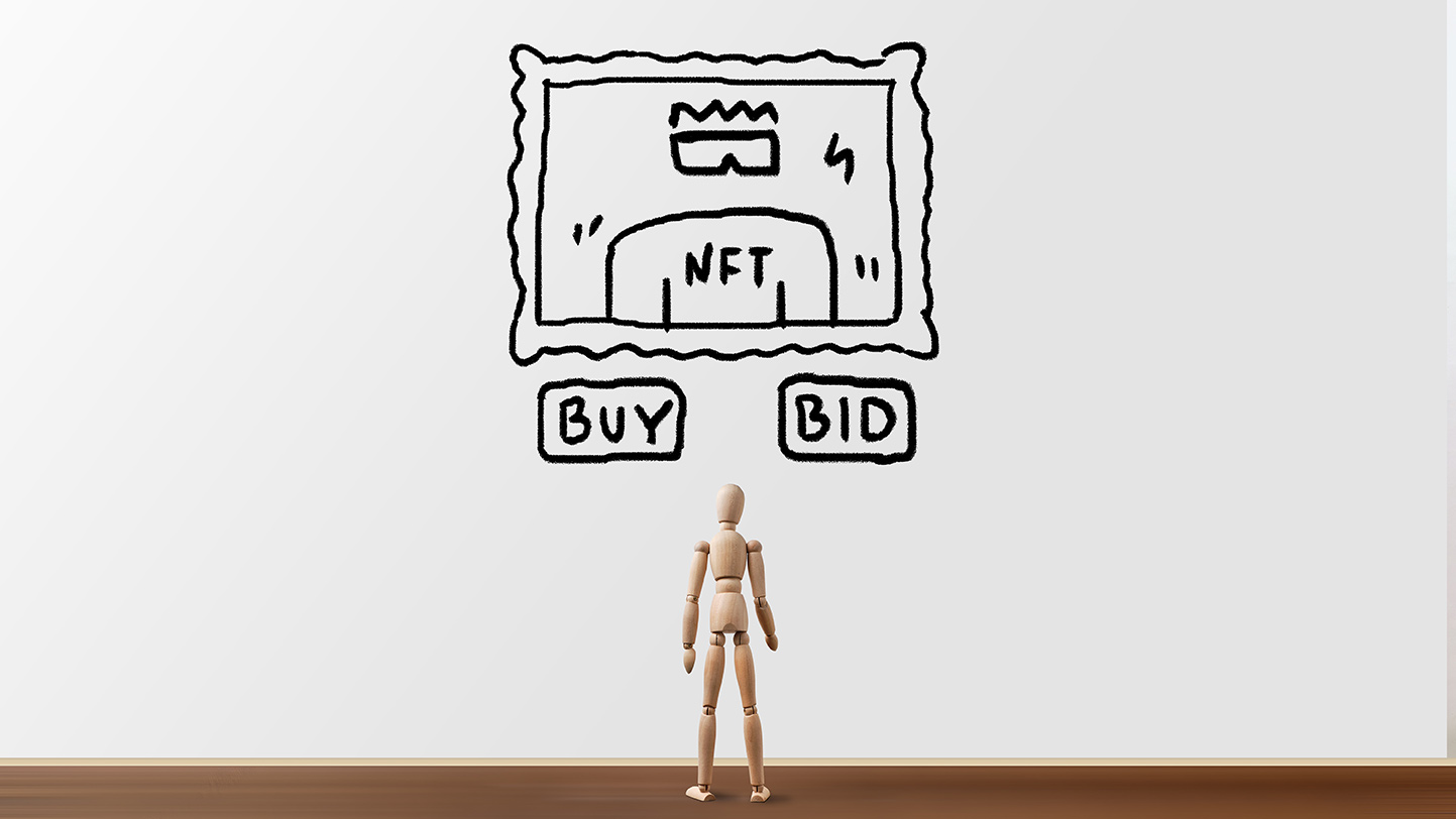 A mannequin standing in front of a wall with a sign saying not to buy crypto.