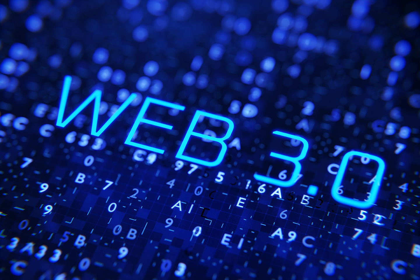 The word web 3.0 on a blue background showcasing the potential of blockchain technology.