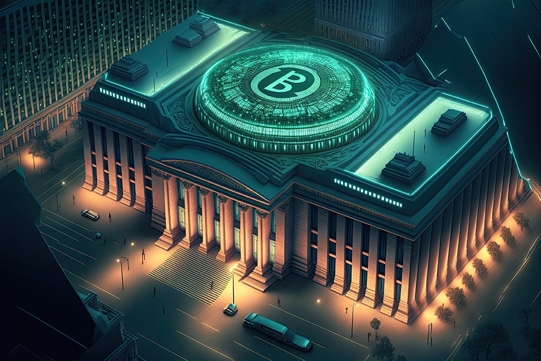 An illustration of a building with a Bitcoin logo on it, representing the convergence of cryptocurrencies and decentralized finance (DeFi) in the emerging crypto landscape.