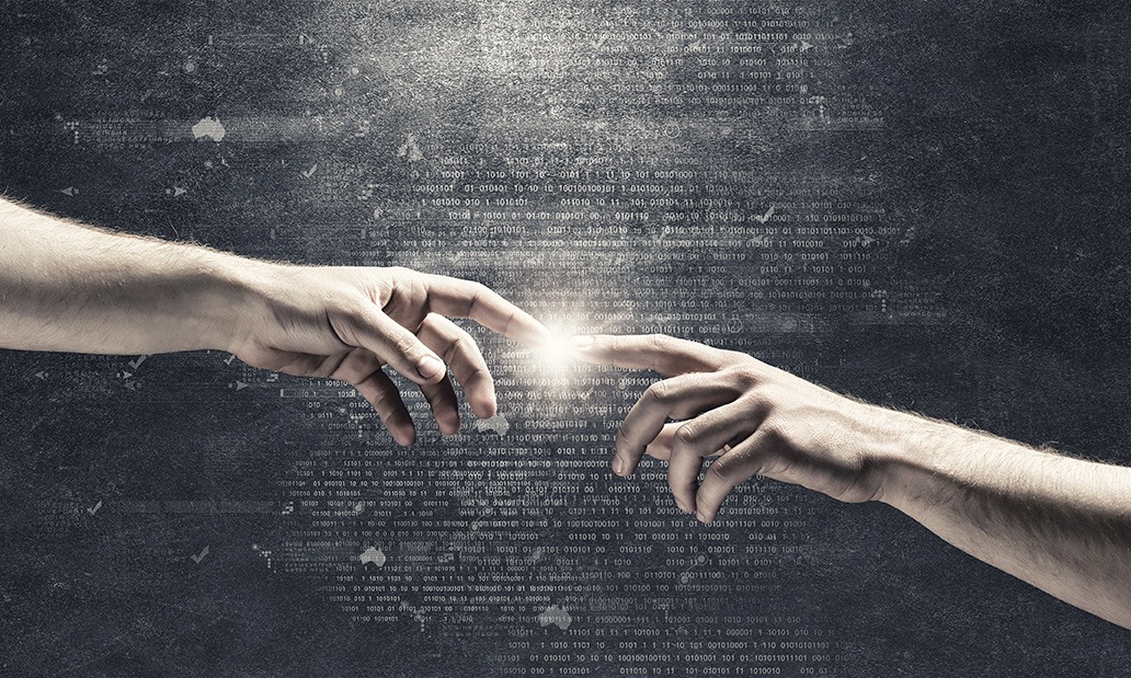 Two hands reaching for a light on a defi background.