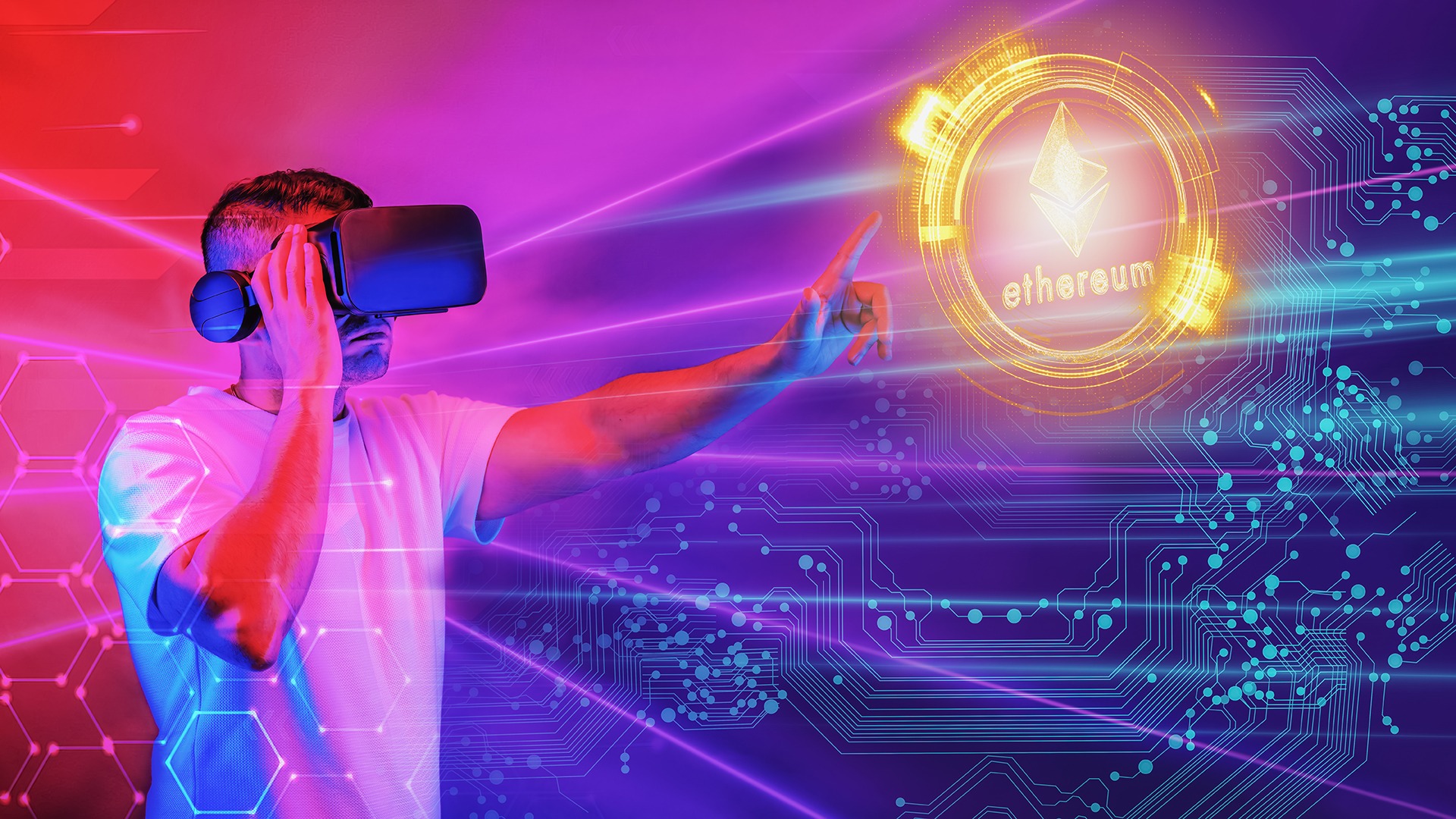 A man is holding a VR headset in front of a financial landscape and colourful Ethereum background.