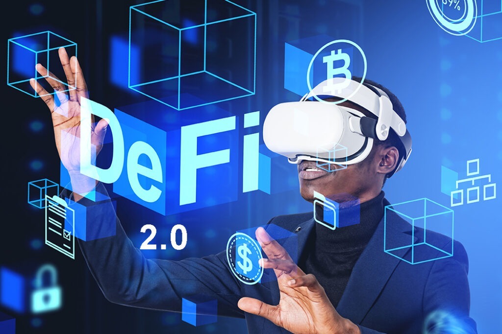 DeFi 2.0 man wearing a VR headset on a blue blockchain background.
