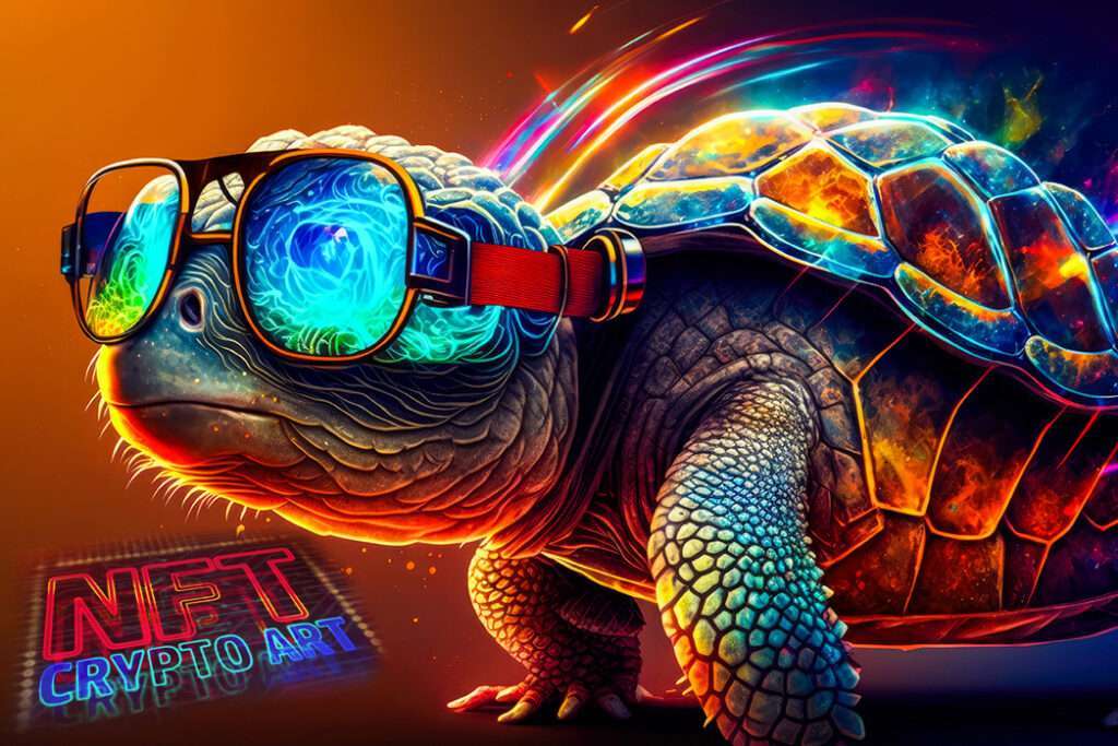 NFT crypto art of a turtle with crypto art heading.