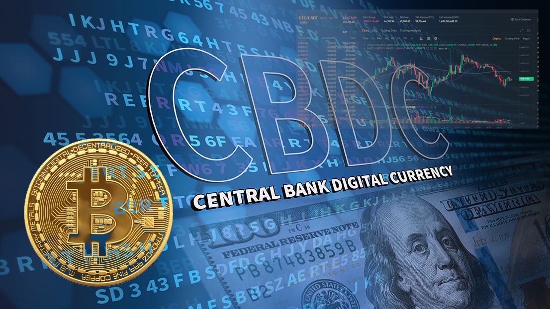 Bitcoin CBDC with dollar background and binance chart.
