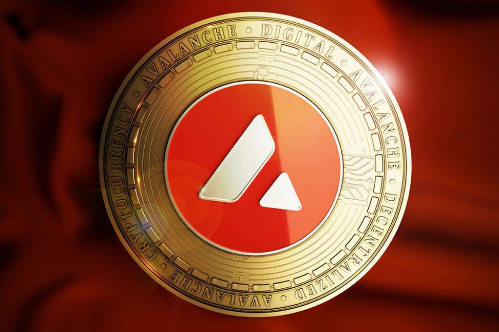 Avalanche (AVAX) coin on a red background.