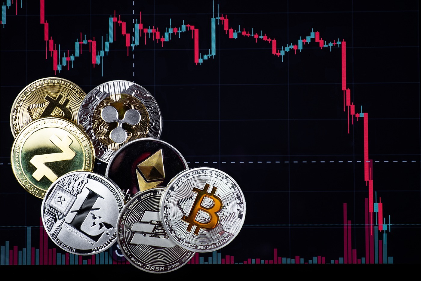 Cryptocurrencies on a chart background showing a pump and dump chart.