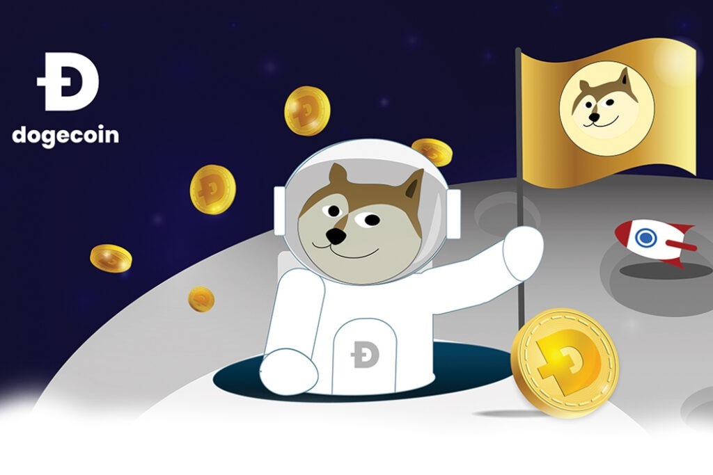 Dogecoin (DOGE) on a lunar landing image of a dog in a spacesuit on the moon.
