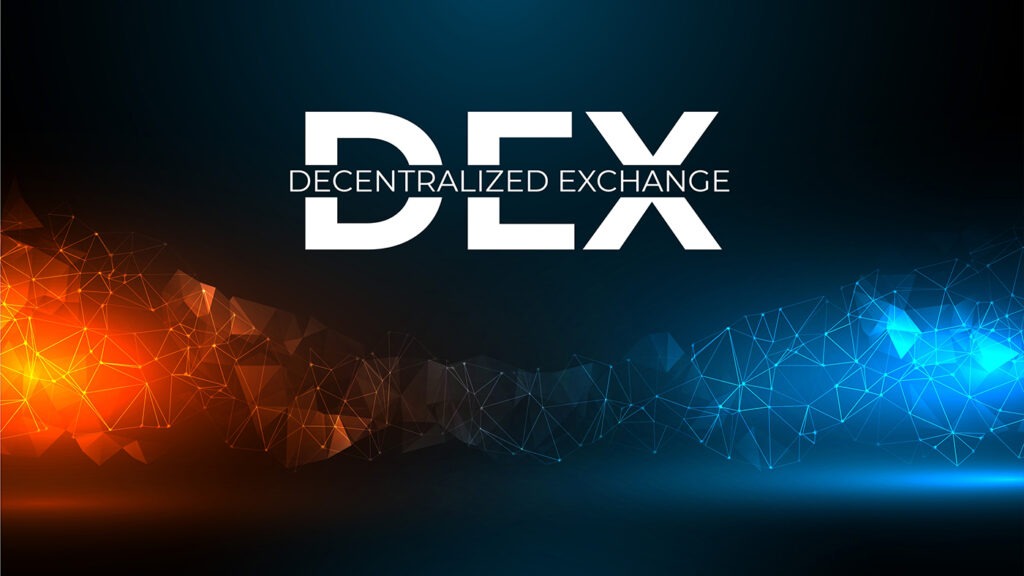 Decentralized crypto exchanges (DEX) on a blockchain coloured background.