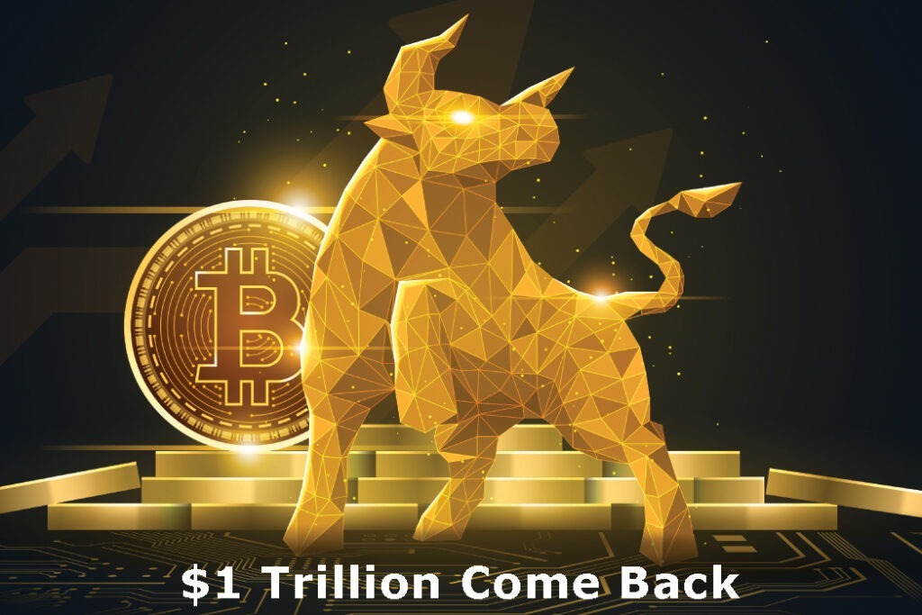 Bitcoin's Remarkable $1 Trillion Come Back Gold bull infront of gold bitcoin.
