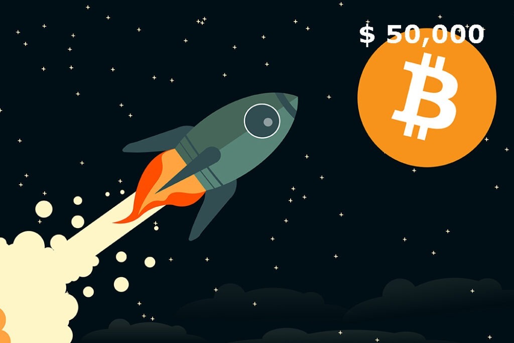 Bitcoin surges above $50K marks a significant milestone in the cryptocurrency's journey. Rocket and Bitcoin logo + $50k text