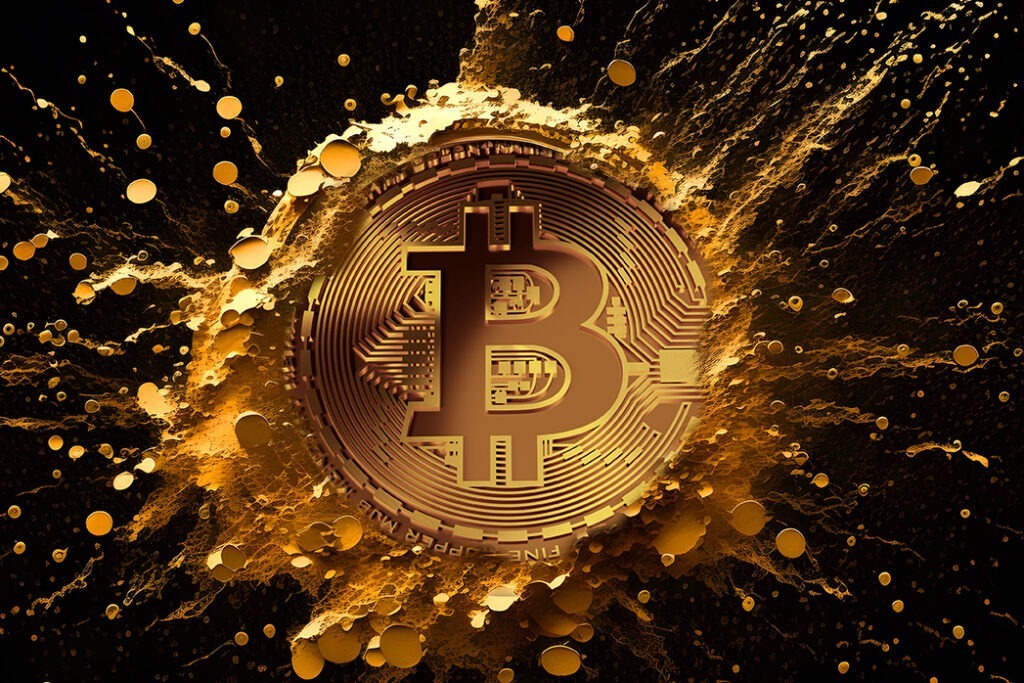 Bitcoin on a gold exploding background that no one can control Bitcoin and it's going to explode in 2024 to the mainstream.