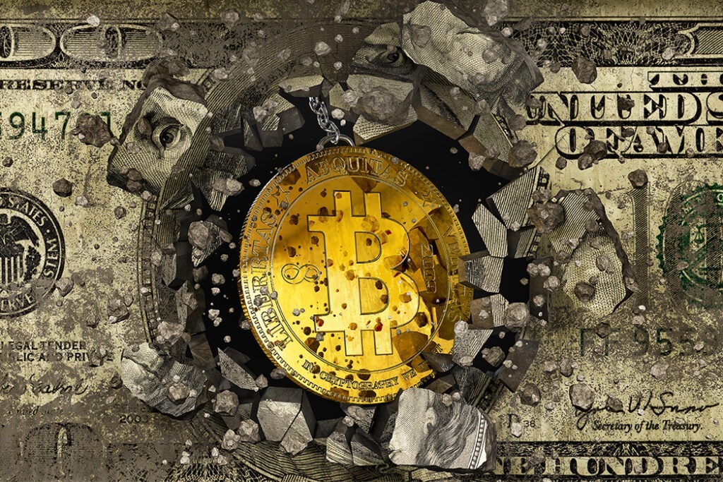 The power of Bitcoin a bitcoin crashing through the US Dollar.