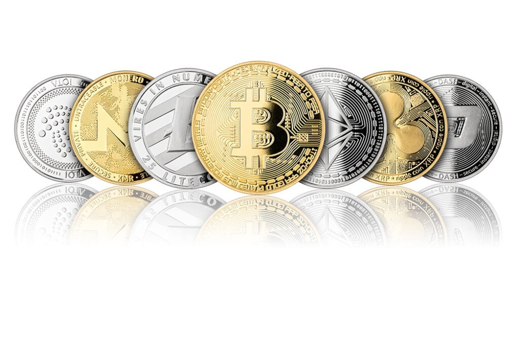 Bitcoin and other crypto coins on a white background.