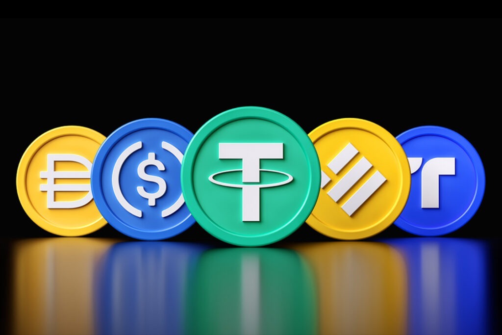 Top five cryptocurrency stablecoin tokens by market capitalization on March 2022. Tether, Usd Coin, Binance Usd, Terra Usd and Dai. High quality 3D