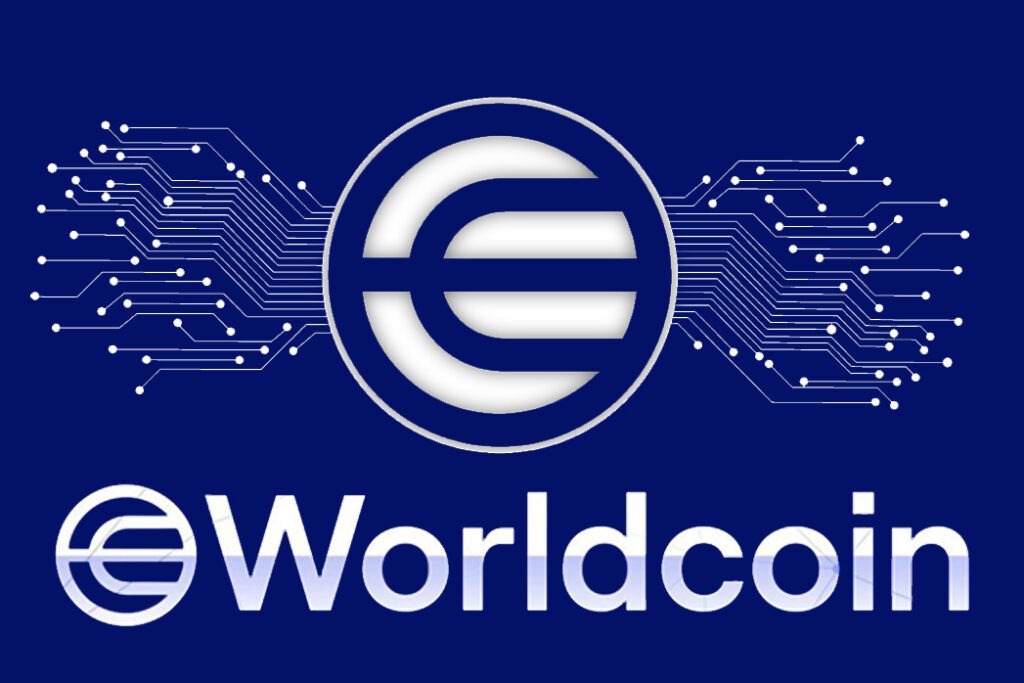 Worldcoin on a blue background.