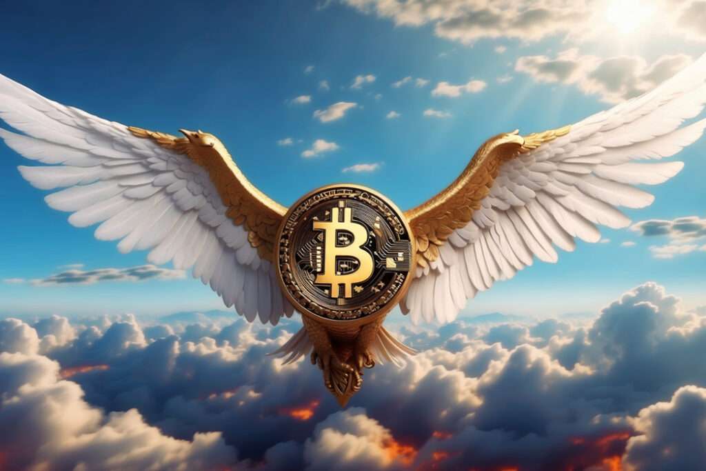 A Bitcoin flies above the clouds with big wings.