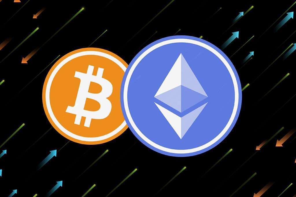 virtual currency images Ethereum-eth and bitcoin-btc. 3d illustrations.