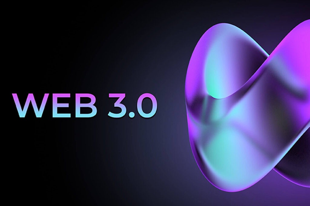 The next iteration of the internet decentralized internet Web3 logo on futuristic background; blockchain technology and Web 3.0 3d illustration