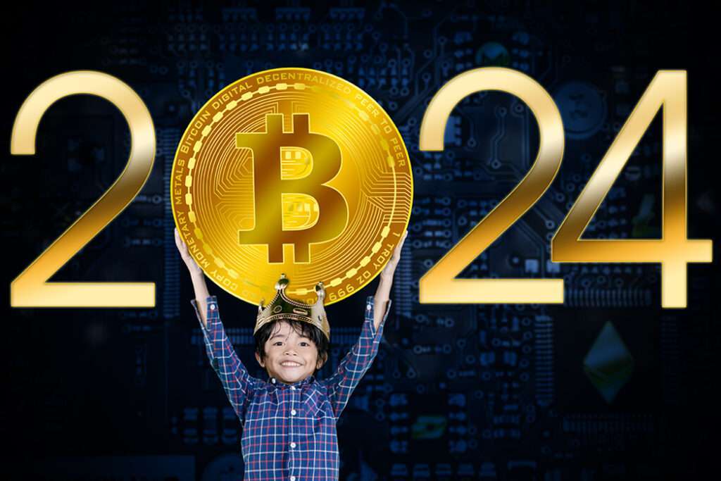 Handsome boy smiling carrying a huge bitcoin coin with 2024 number.