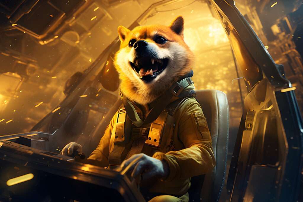Futuristic Finance: Dogecoin Doge Symbol in Spacecraft Journeying to the Milky Way.