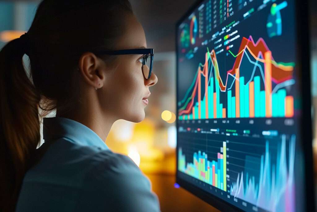Business Investment planning strategy concept, Businesswomen showing points virtual hologram stock growth graph on a screen and business management market trading.
