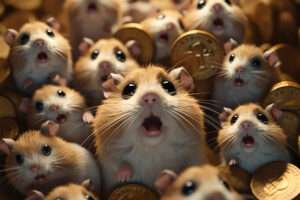 Concept FOMO. Crowd of Hamsters Bitcoin. Poster tshirts.