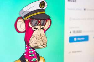 Belgrade, Serbia - March 18, 2022: The Bored Ape Yacht Club NFT (BAYC) is the collection of the most expensive NFTs. Collection of 10,000 ape avatars