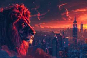 Leading strategically CEO lion skyscraper office evening tablet corporate power red 21st Century skyline solo AI market predict