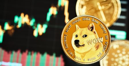 Dogecoin crypto coins, meme coins, on a green candle trading chart Bull run background.