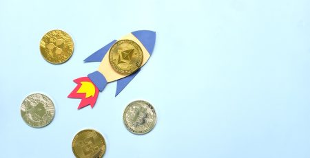 An Ether rocket with coins skyrockets in the air. Eth on a bull run.