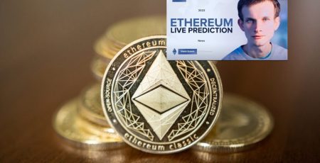 A stack of Ethereum coins with a picture of an Ethereum live prediction, showcasing the power of DeFi.