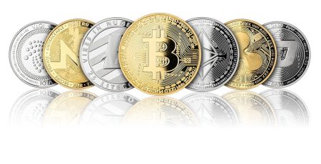 Bitcoin and other crypto coins on a white background.